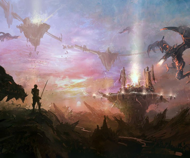 Fantasy battle: a lone warrior on a ridge watches flying warships and a giant armored creature assault a glowing floating fortress at sunset.
