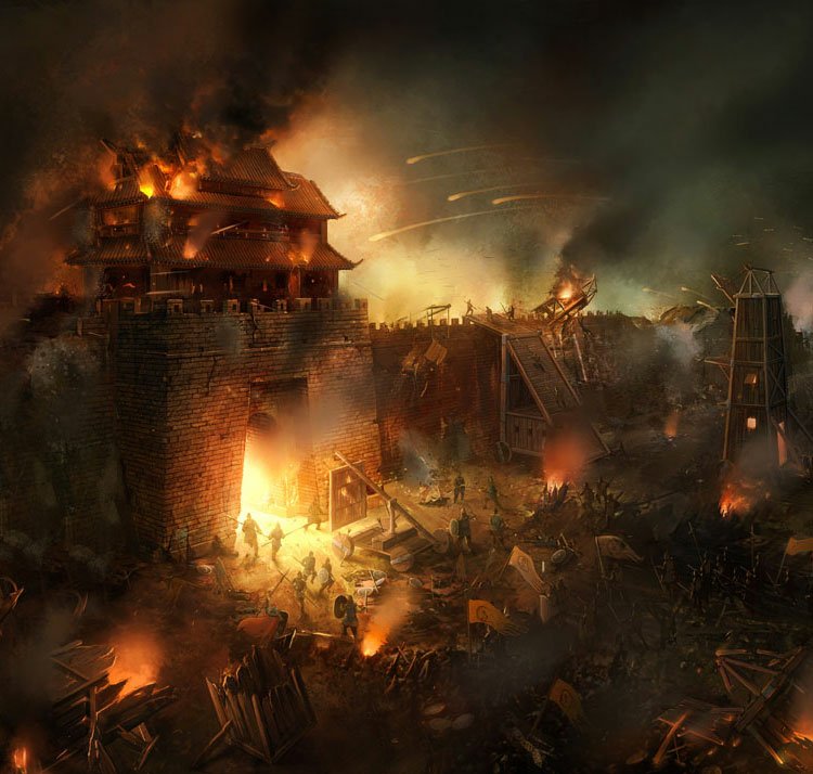 Fantasy battle scene: a besieged stone fortress alight with fires and smoke, siege towers, arrows streaking and soldiers clashing in the flames.