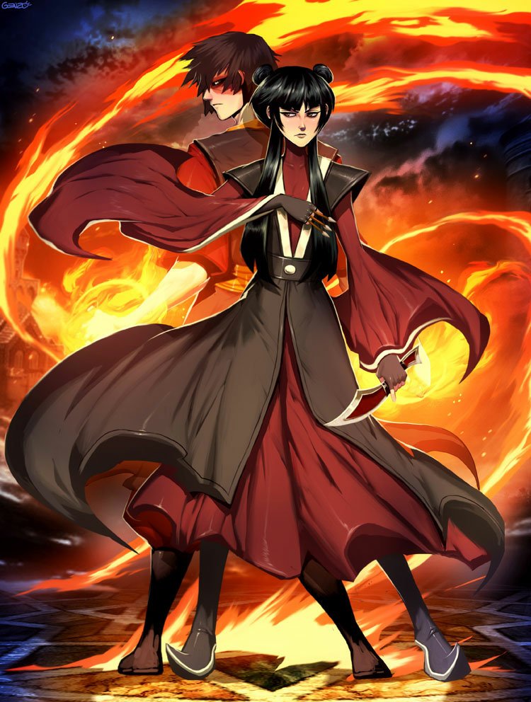 Mai and Zuko from Avatar: The Last Airbender stand back-to-back with intense expressions, surrounded by swirling flames in a dynamic anime-style scene.