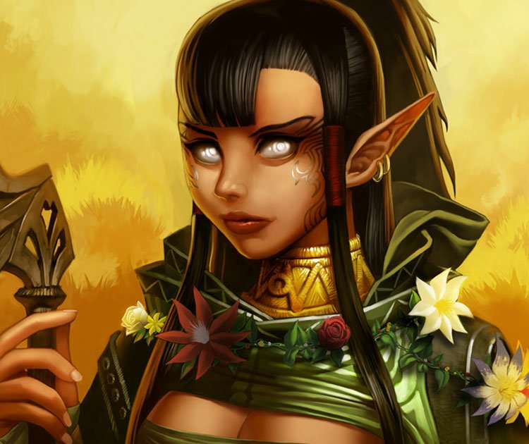 Fantasy elf with glowing white eyes and pointed ears, wearing green floral-adorned armor and a gold choker, holding a spear in a sunlit, golden-tinged forest.