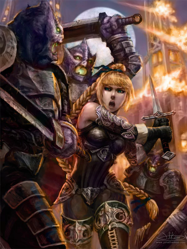 Fantasy: a woman warrior with braided hair and ornate armor battles orc-like attackers by torchlight, swinging her sword amid flames and crumbling pillars.