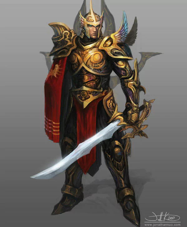 Armored fantasy warrior in ornate gold-and-black plate armor, winged helmet and red cloak, standing with a glowing sword.
