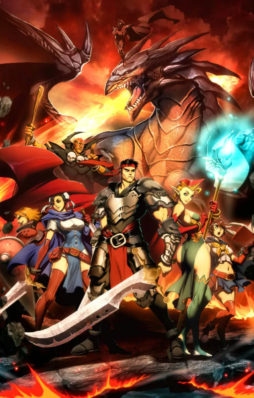 A dynamic video game scene featuring Street Fighter characters and fantasy warriors standing ready for battle against a fiery backdrop with a large dragon.