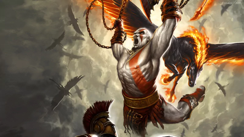 A dramatic scene from the video game God of War, featuring a powerful figure engaged in battle against mythical creatures amidst a stormy backdrop.