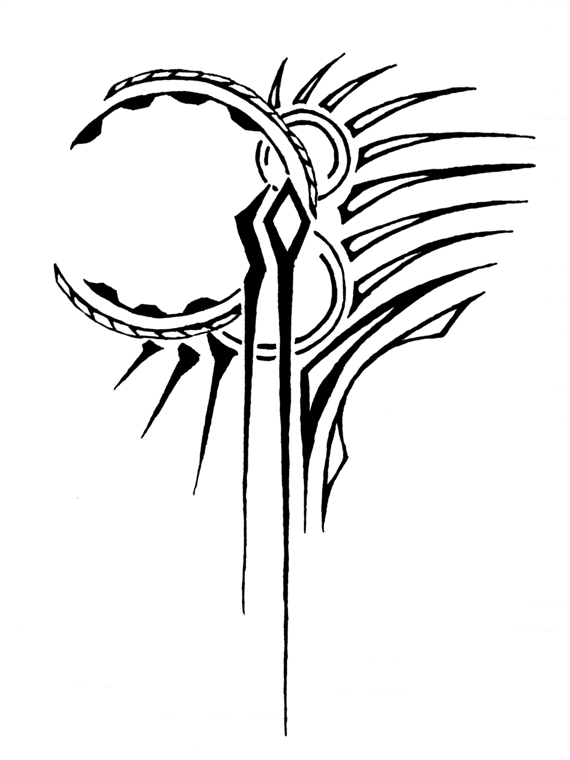 Black and white abstract design featuring dynamic shapes and lines, including circular forms and sharp angles, creating a striking visual composition.