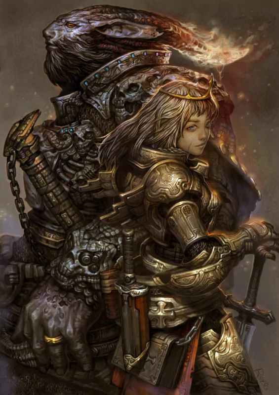 A fantasy scene featuring a woman warrior in ornate armor standing confidently beside a large, armored creature with a fiery, menacing head.