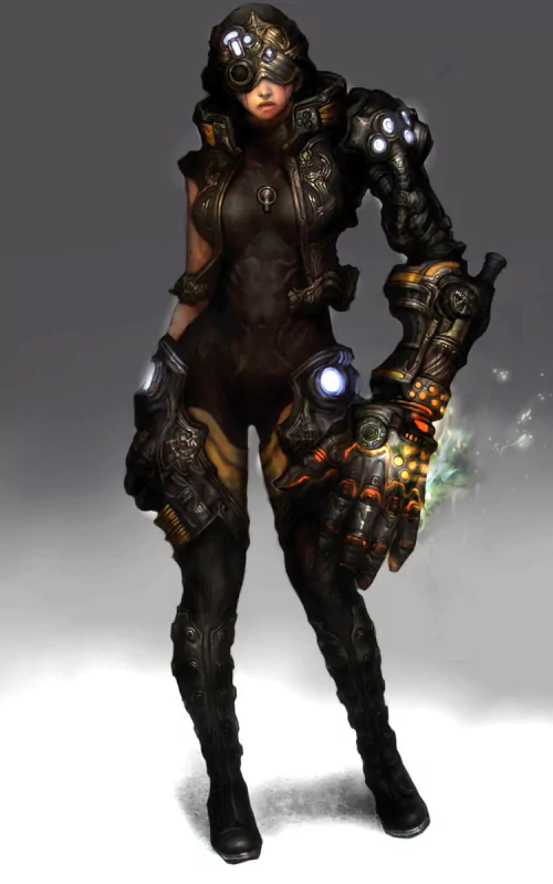 Sci-fi woman warrior in a sleek armored bodysuit, wearing a visor and a massive glowing cybernetic gauntlet, exuding power and futuristic tech.