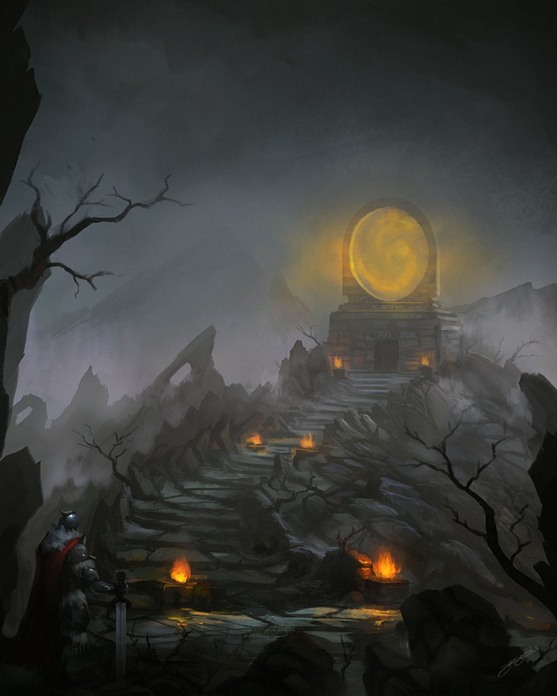 Fantasy, artistic scene: a lone armored knight on a torchlit ruined path through jagged rocks and dead trees, approaching an ancient shrine topped by a glowing golden portal.