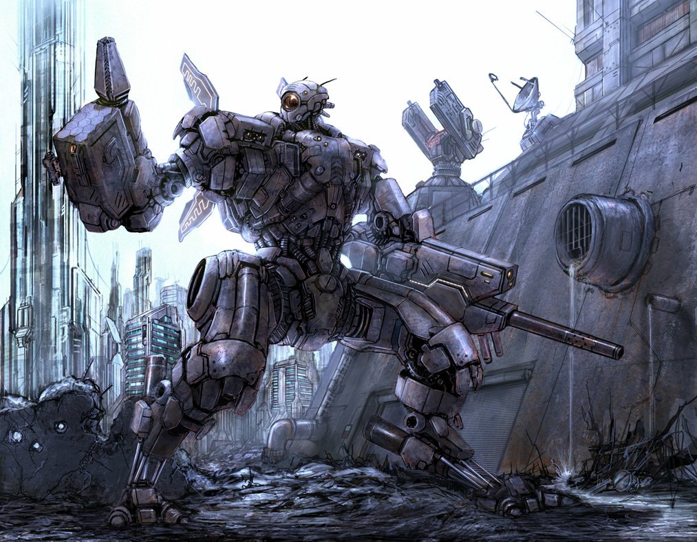 Sci-fi robot mech with glowing eyes and armored limbs stands in a ruined city, gripping a long staff-like weapon while turrets and debris loom in the background.