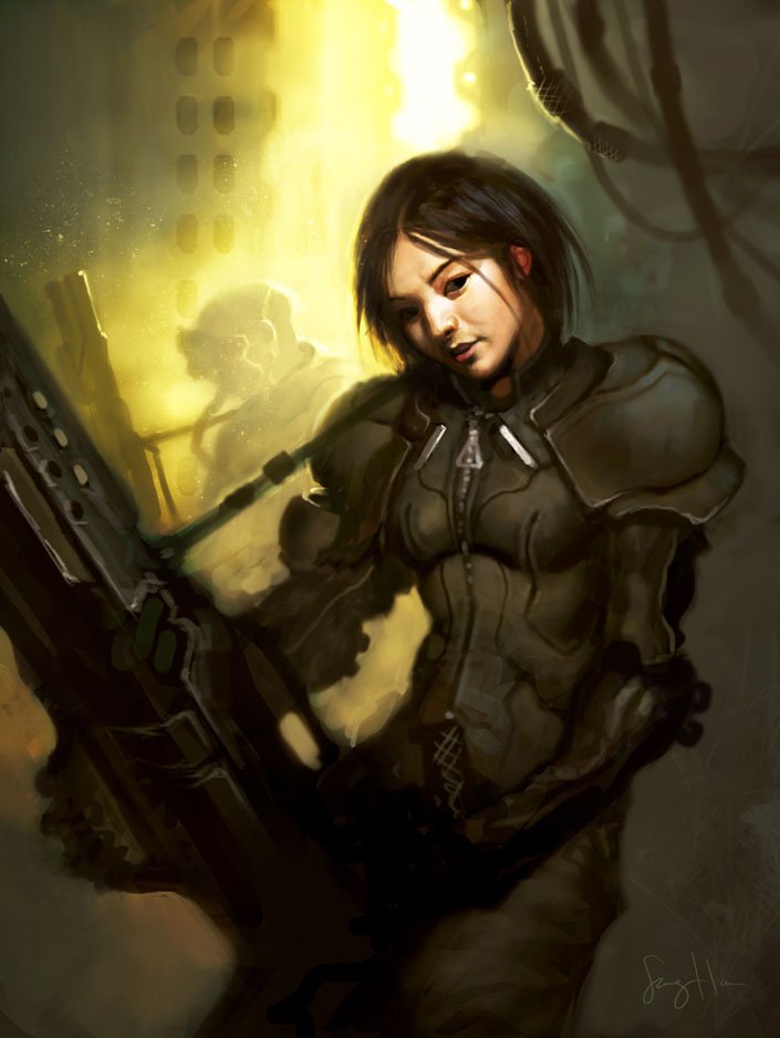 Sci-fi woman warrior in armored suit grips a large futuristic rifle, backlit by yellow light in a dim industrial corridor.