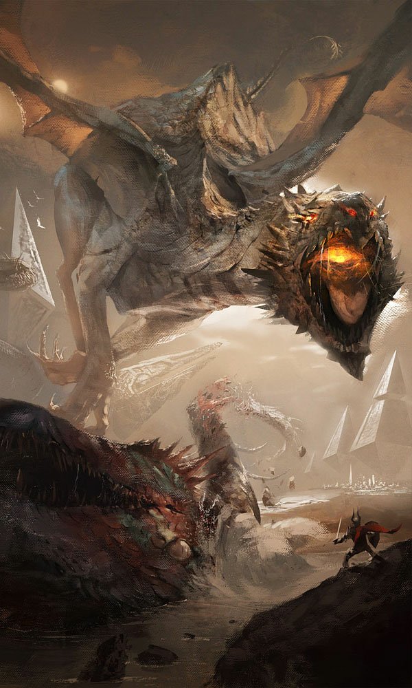 A fierce fantasy dragon breathes fire, towering over a smoky battlefield with warriors and fallen dragons beneath jagged, spiked structures.