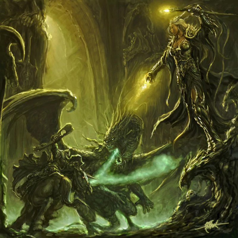 A fantasy battle scene depicts a warrior and a mystical figure casting glowing spells amid a dark, eerie environment filled with grotesque, organic shapes.
