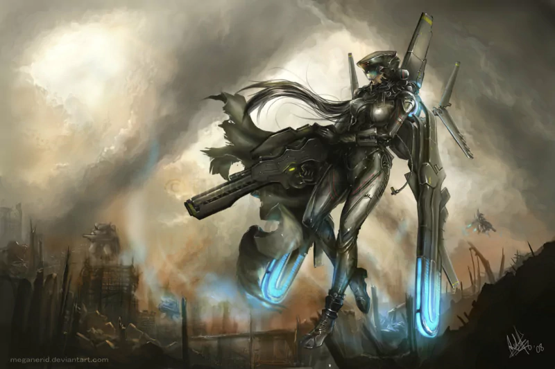 Sci-fi woman warrior in sleek power armor hovers above a ruined city, wielding glowing energy weapons and jet thrusters.