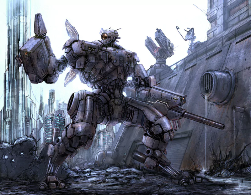 Sci-fi robot mech with glowing eyes and armored limbs stands in a ruined city, gripping a long staff-like weapon while turrets and debris loom in the background.