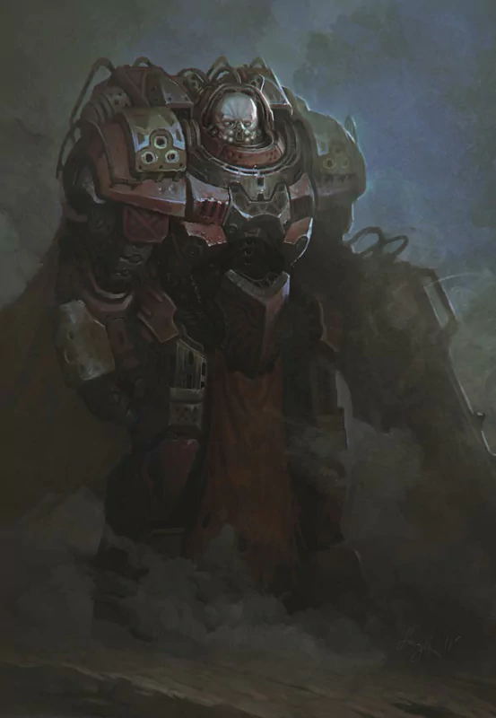Brooding sci-fi warrior in massive powered armor with a skull-like helm and heavy arm cannon, emerging from smoke on a war-torn battlefield.