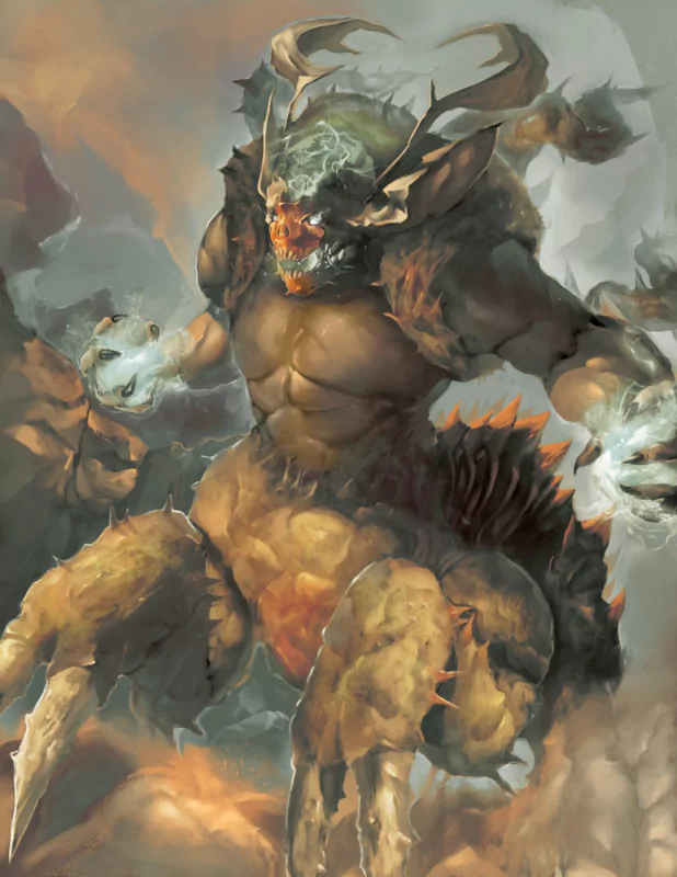 Towering fantasy demon with horned skull, glowing eyes, muscular torso and multi‑limbed claws amid a stormy, lightning-filled sky.