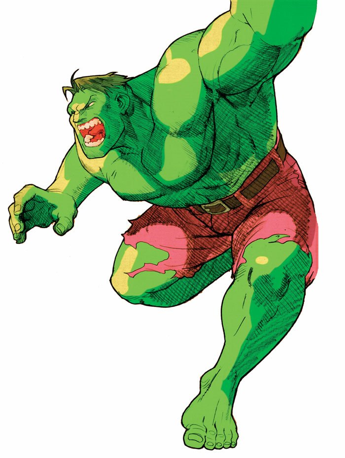 Dynamic comic-style image of the Hulk lunging and roaring in torn red shorts — artwork for the Marvel vs. Capcom video game.