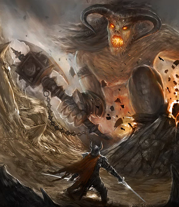 A fantasy demon—horned, flaming-eyed and massive—swings a colossal flail as a lone armored warrior with sword and horned helmet stands amid crumbling rocks and ash.