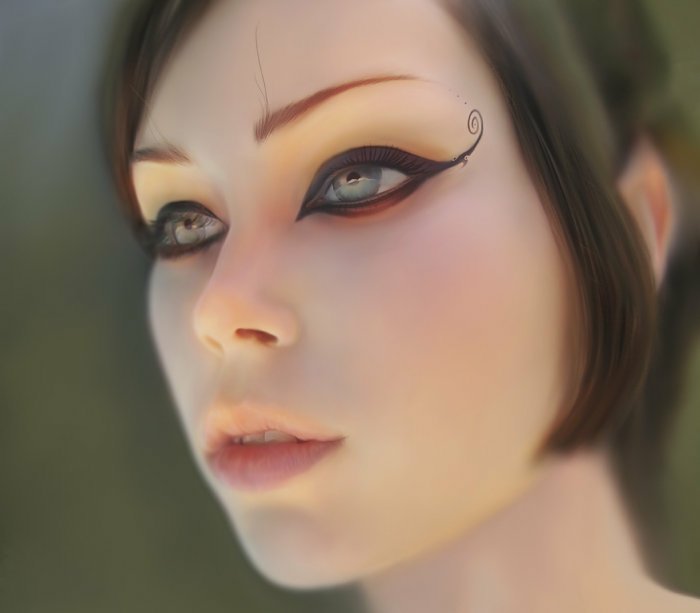 Close-up of a fantasy elf: pale, ethereal face with large gray eyes, ornate curling eyeliner, soft short dark hair, gazing upward against a blurred green background.