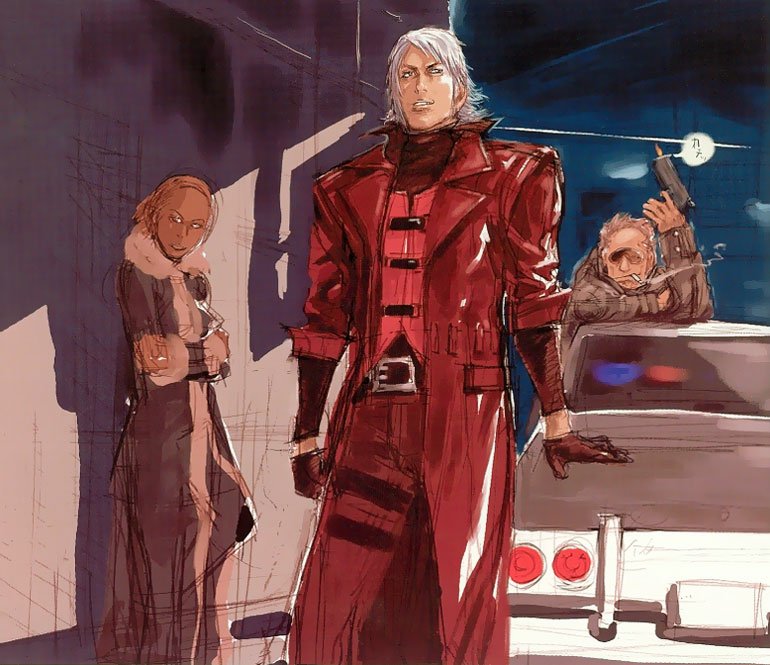 Artwork of three characters from the video game Devil May Cry, featuring a man in a distinctive red coat standing confidently by a car at night.