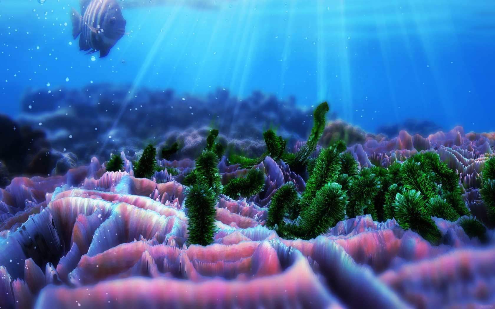 Sunlit underwater scene of vibrant corals and green marine plants with a fish (animal) swimming above, showcasing diverse sea life.