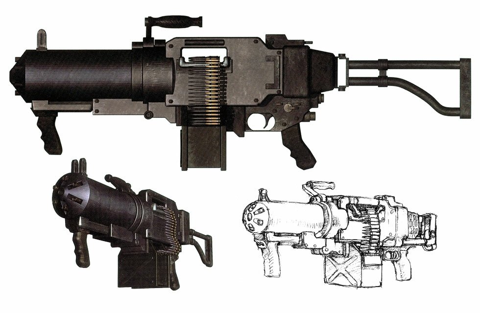 Concept art and 3D models of a heavy machine gun styled weapon from the video game Devil May Cry.