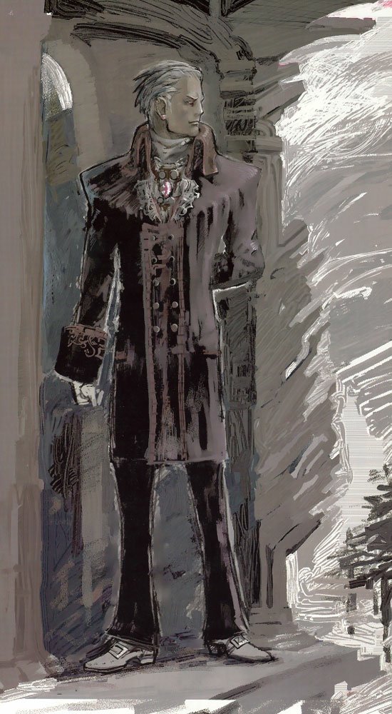 Concept art of a character from the video game Devil May Cry, depicting a man in a long coat holding a book, standing in a dark, gothic environment.