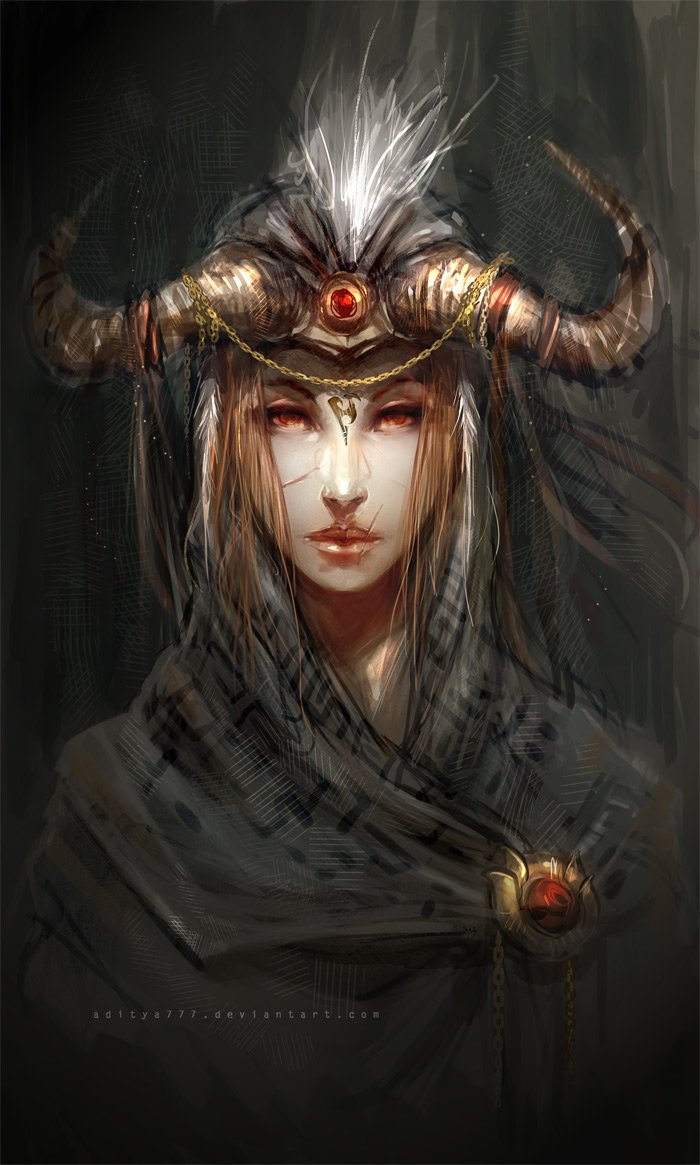 A fantasy-themed portrait of a woman adorned with a horned headdress featuring white feathers and red gemstones, set against a dark, textured background.