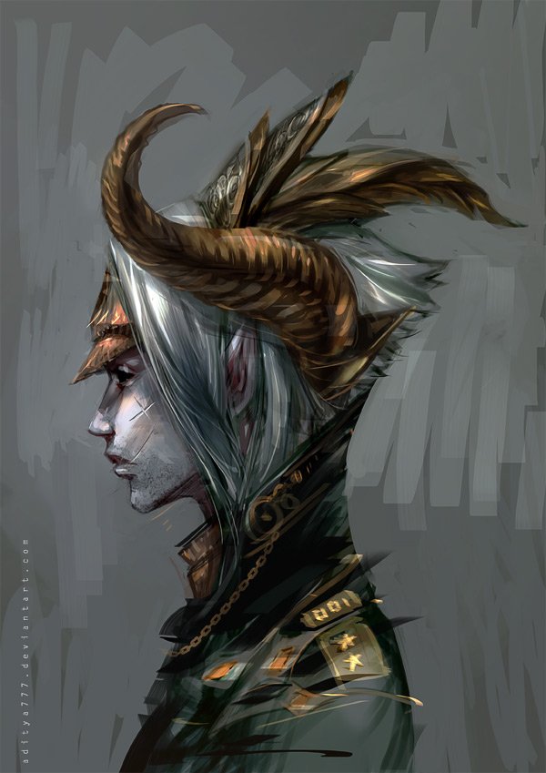 A fantasy depiction of a woman with striking features, adorned with ornate horns and a dramatic hairstyle, exudes an air of mystery and power against a muted background.