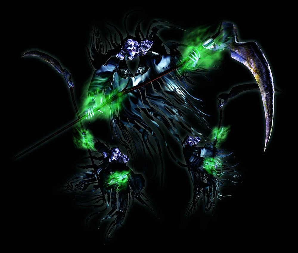 Dark, ghostly figure with glowing green hands and a scythe, surrounded by smaller similar spirits, from the video game Devil May Cry.