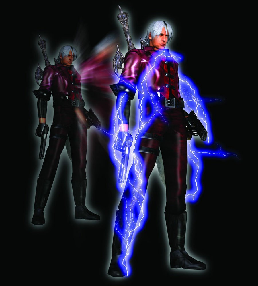 Character Dante from the video game Devil May Cry stands with a glowing blue electric sword, dressed in a red outfit with guns holstered, against a dark background.