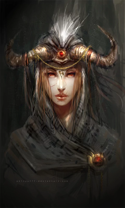 A fantasy-themed portrait of a woman adorned with a horned headdress featuring white feathers and red gemstones, set against a dark, textured background.