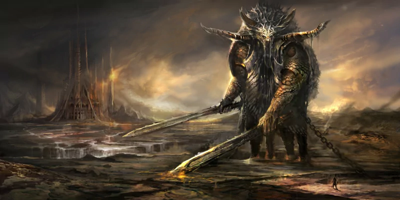 A fantasy giant, horned and armored, strides across a scorched, otherworldly plain wielding enormous blades while a tiny human stands near a distant ruined tower beneath a stormy sky.