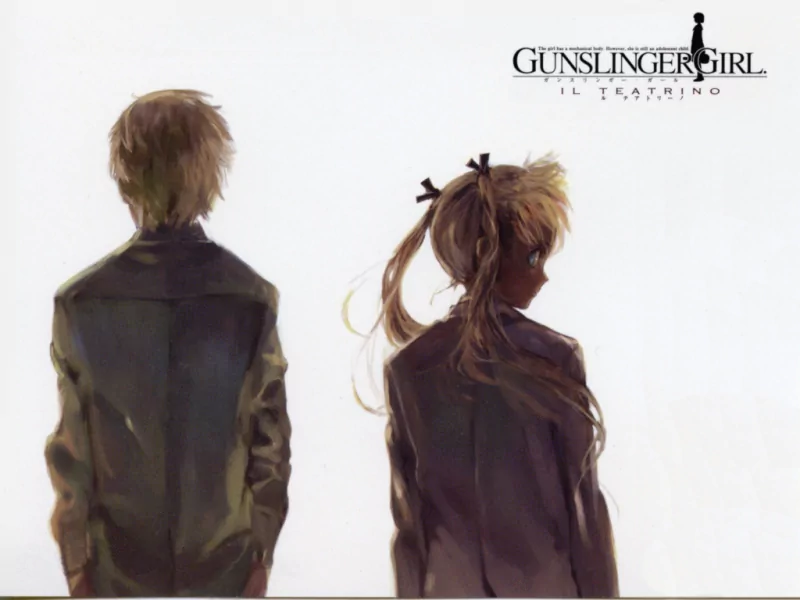 Anime, Gunslinger Girl — two characters seen from behind on a white background: one with short hair, the other a long-haired girl with ribboned pigtails; the series logo in the corner.