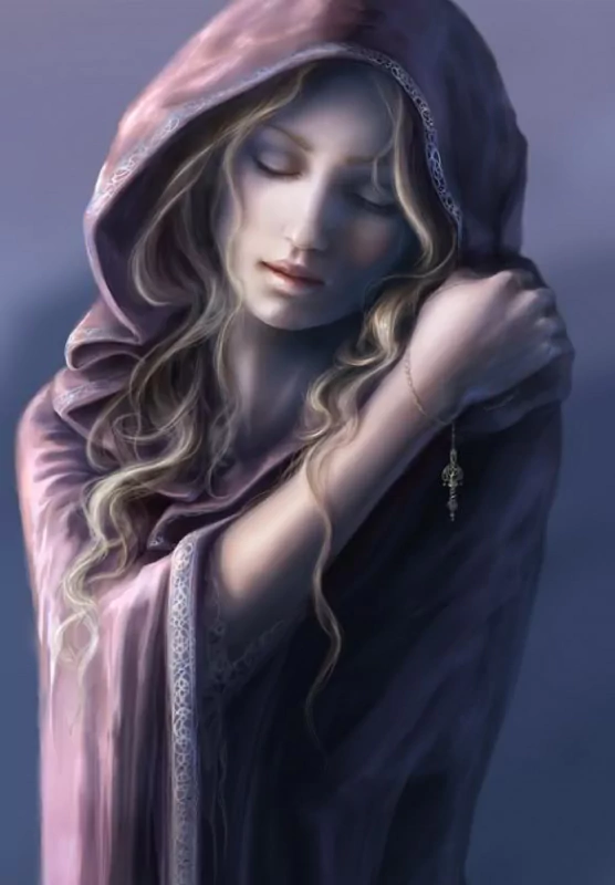 A serene fantasy woman with flowing hair wears a hooded cloak, gently holding a delicate pendant against a soft, muted background.