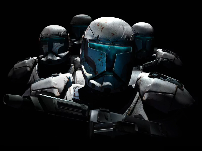 A group of armored soldiers from the Star Wars movie franchise stand together in battle-ready poses against a dark background.