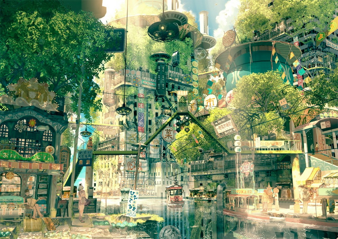 A vibrant anime cityscape brimming with greenery, featuring intricate buildings, bustling streets, and colorful decorations, creating a whimsical and lively atmosphere.