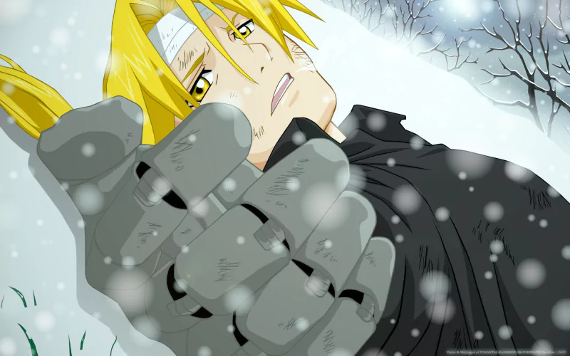 Anime scene from Fullmetal Alchemist showing Edward Elric lying in the snow, reaching forward with a determined expression amidst falling snowflakes.