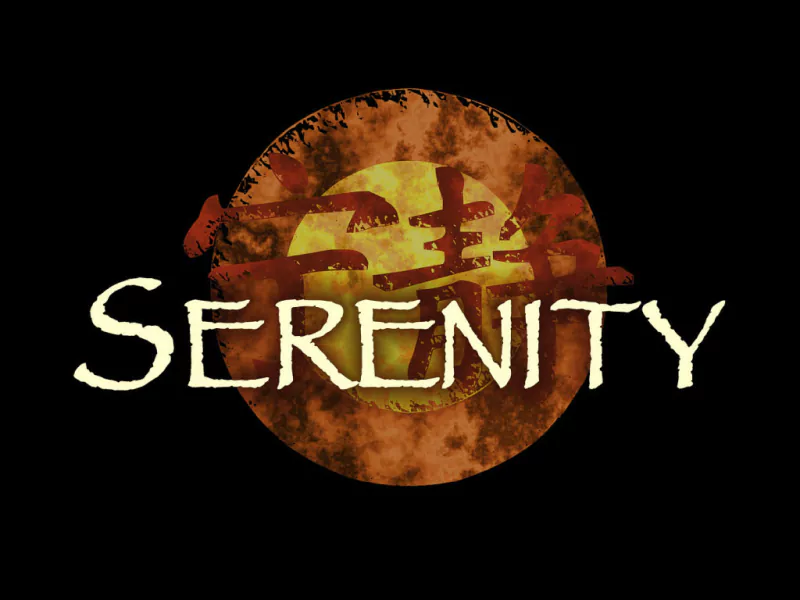 Serenity logo from the Firefly TV show: cream SERENITY text over a weathered orange disc bearing stylized Chinese characters.
