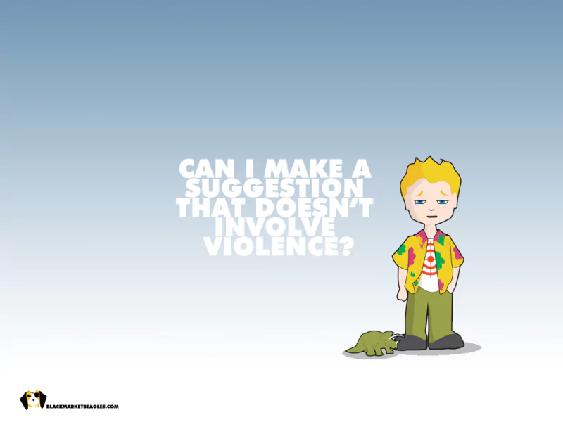 Cartoon blond child in bright shirt beside a turtle with the quote Can I make a suggestion that doesn't involve violence? — Firefly TV show