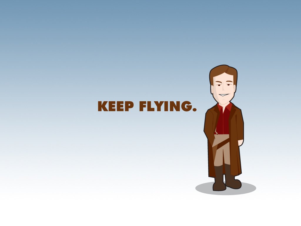 Cartoon Firefly TV show–style captain in a brown coat standing beside bold text KEEP FLYING on a pale blue sky background.