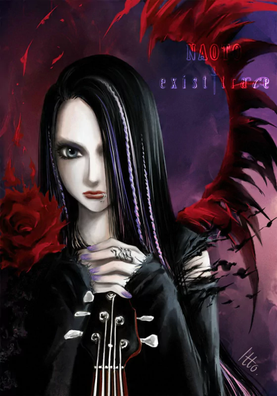 Artistic digital portrait of a woman with long black hair, pale skin, and intense eyes, surrounded by dark, red feather-like shapes against a moody background.