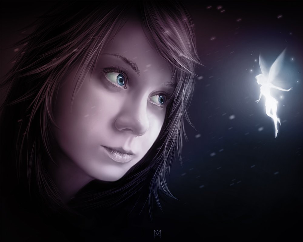 A fantasy scene featuring a person gazing intently at a glowing, delicate fairy illuminating the dark surroundings.