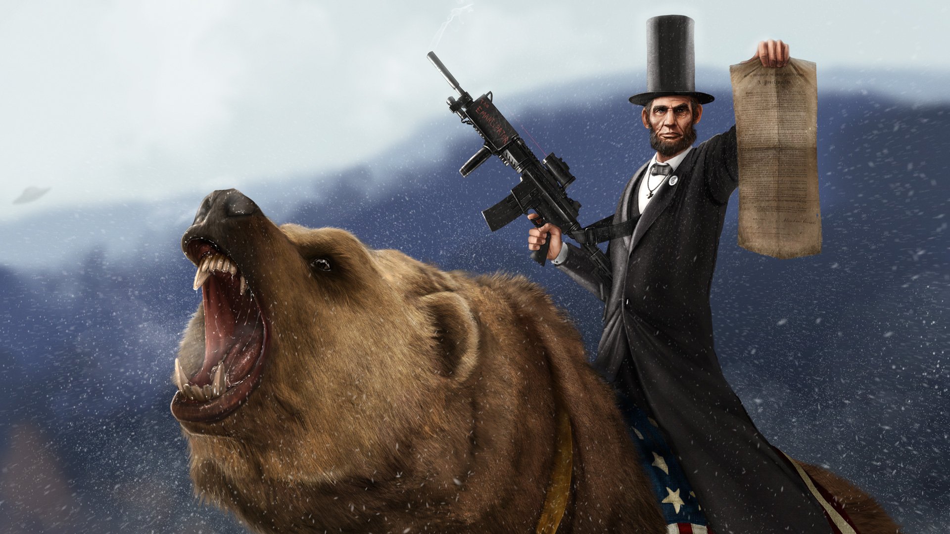Artistic, humorous scene of a top‑hatted, bearded gentleman in a suit and starry pants riding a roaring bear, holding a scroll and a rifle.