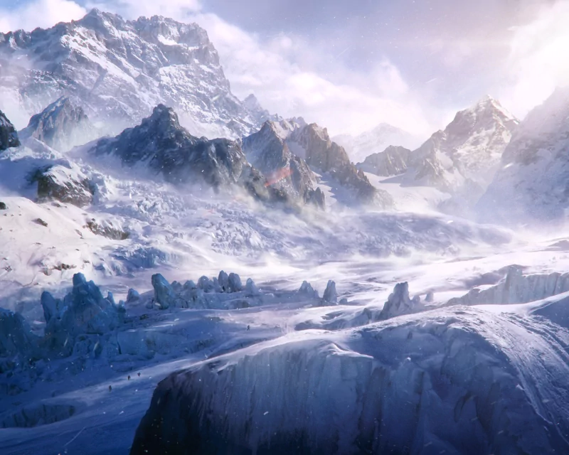 Artistic depiction of a vast, snowy mountain range under a soft, glowing sky, capturing the serene beauty and grandeur of the alpine landscape.