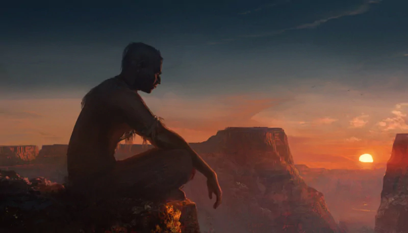 Artistic 3D art: solitary figure sits on a cliff at sunset, silhouetted against a glowing sky, overlooking vast canyon mesas and the distant sun.