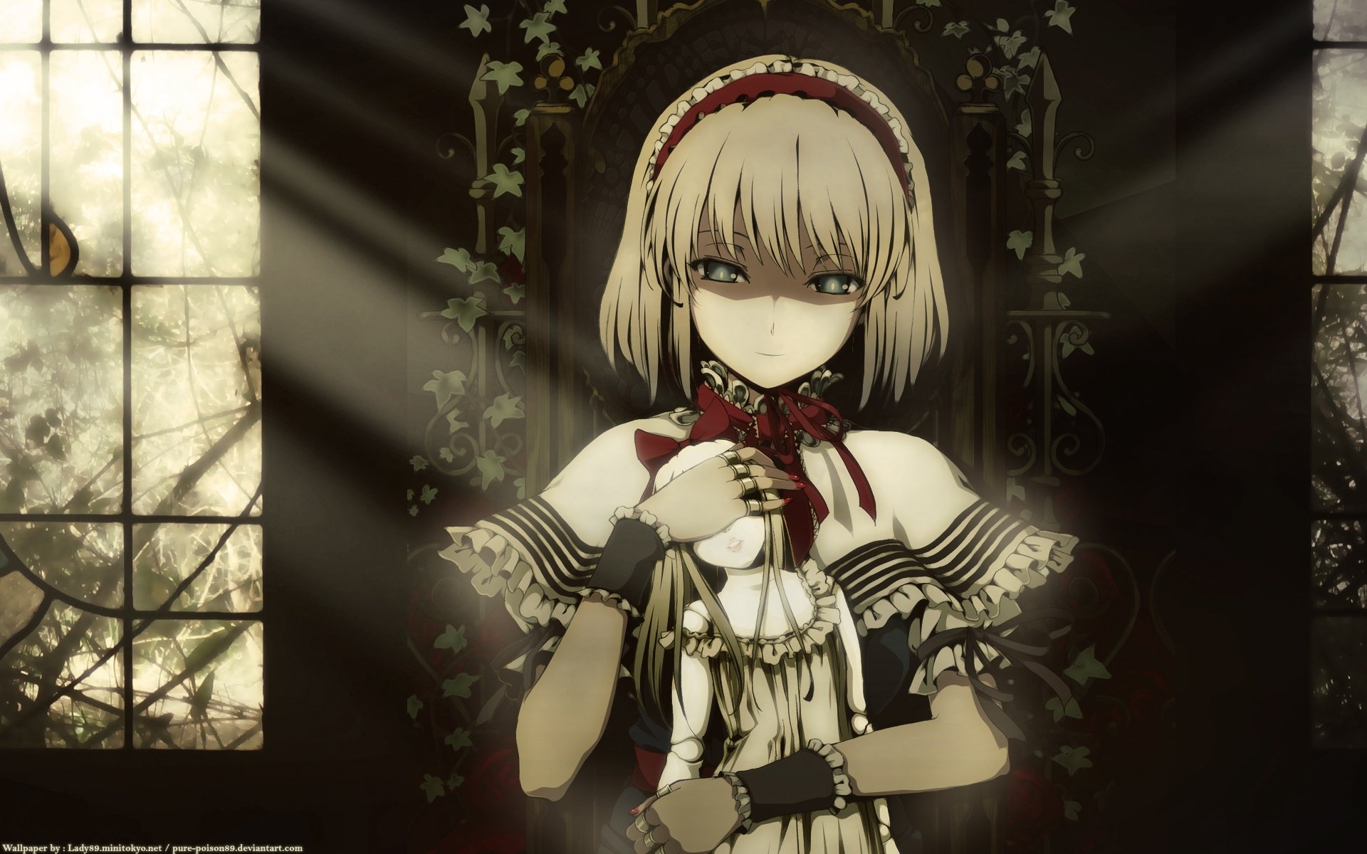 Alice Margatroid from Touhou: pale blonde bob with headband, wearing a gothic-lolita dress and clutching dolls as narrow sunbeams filter through tall antique windows.