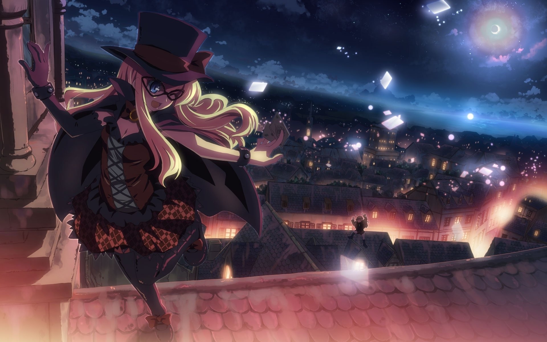 Anime woman in a top hat and cape perches on a rooftop at night, wind-blown hair and fluttering papers above glowing moonlight and a sprawling city of twinkling lights.