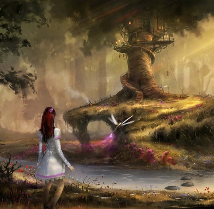 Fantasy landscape depicting a mystical forest with a glowing fairy and a twisted treehouse bathed in soft, golden light.
