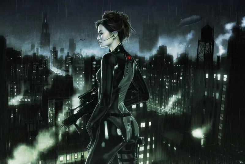 A sci-fi woman warrior in sleek black armor stands on a rooftop, overlooking a futuristic, rain-soaked cityscape at night.